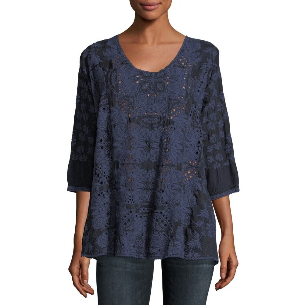 Johnny Was Womens XS Blue Christina Eyelet Georgette Top 3/4 Sleeve Shirt Blouse